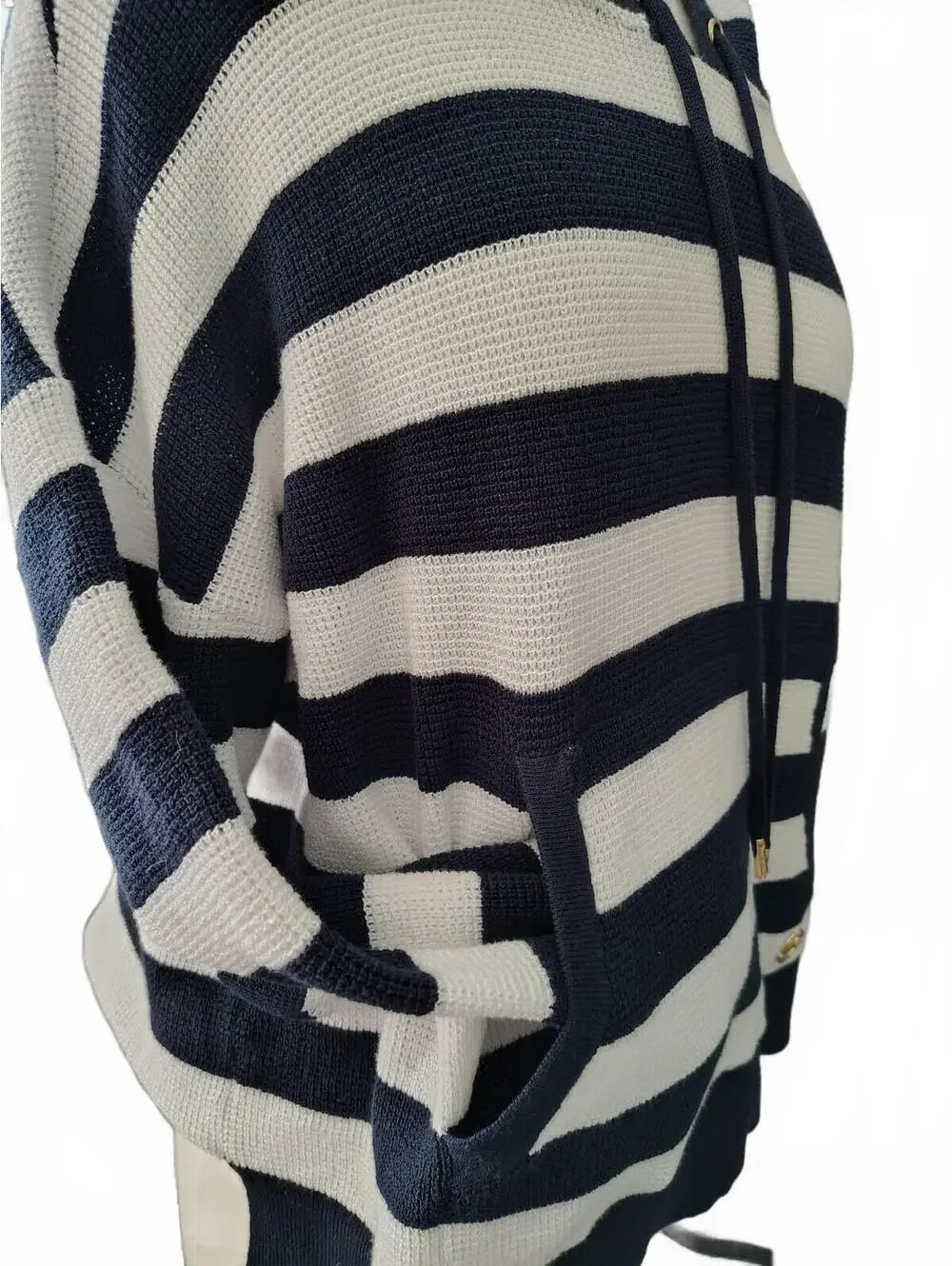 Michael Kors Women's Navy and White Striped Hooded Sweater L